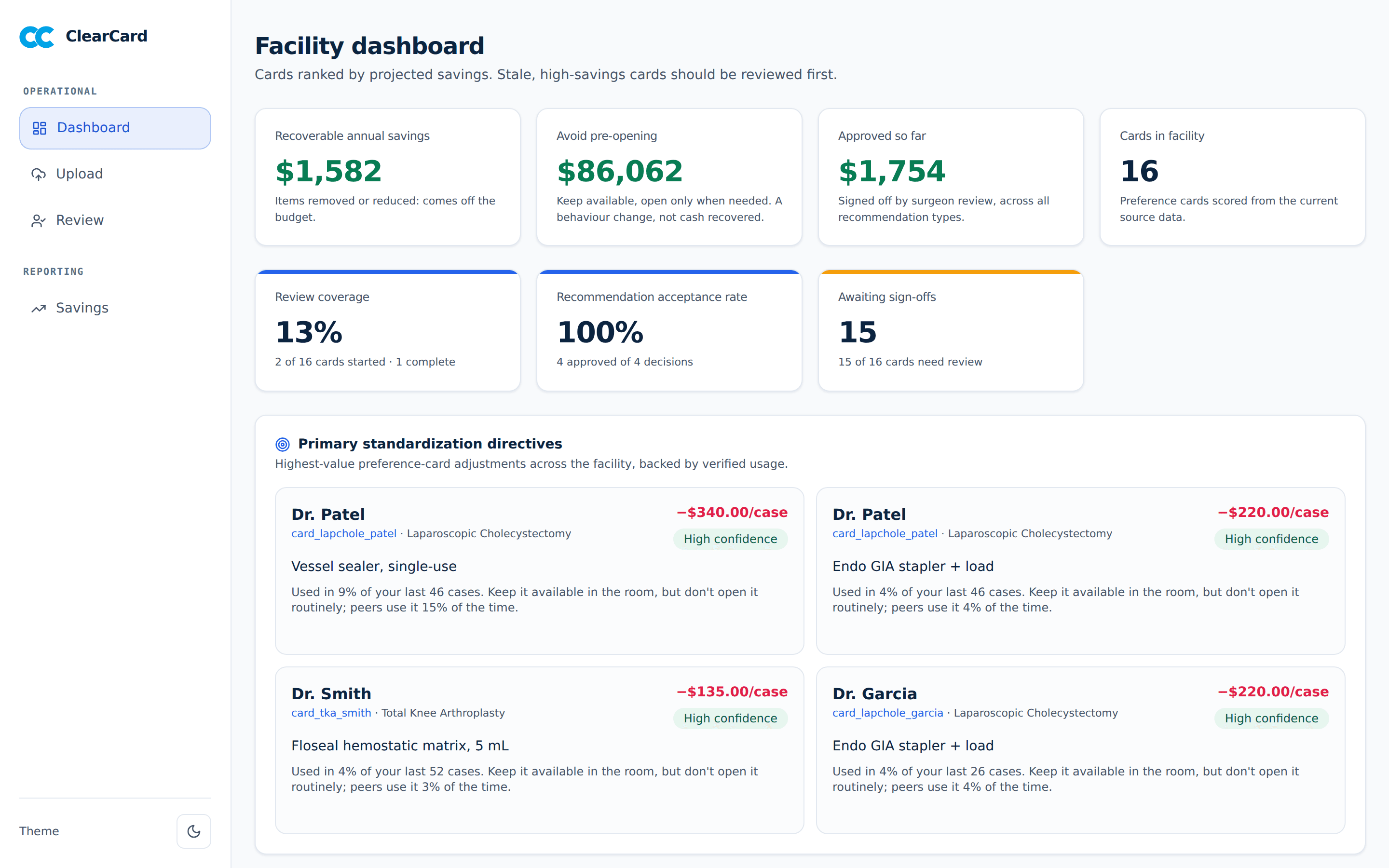 ClearCard facility dashboard showing recoverable and hold savings, review coverage and ranked recommendations